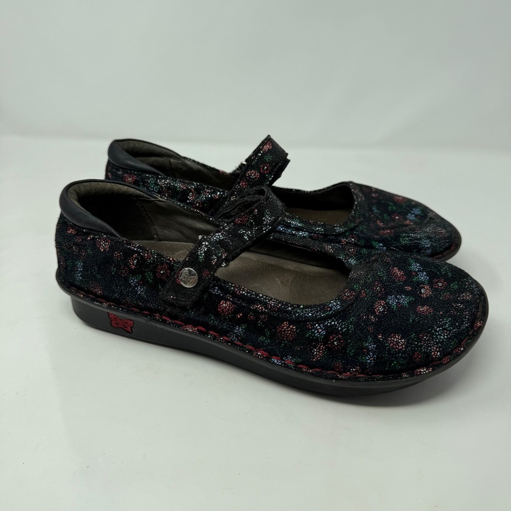Alegria Belle Black Floral Metallic Leather Mary Jane Shoes BEL-764 Size 39